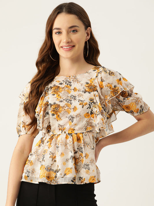 Slenor Floral Printed Flared Sleeve Crepe Peplum Top