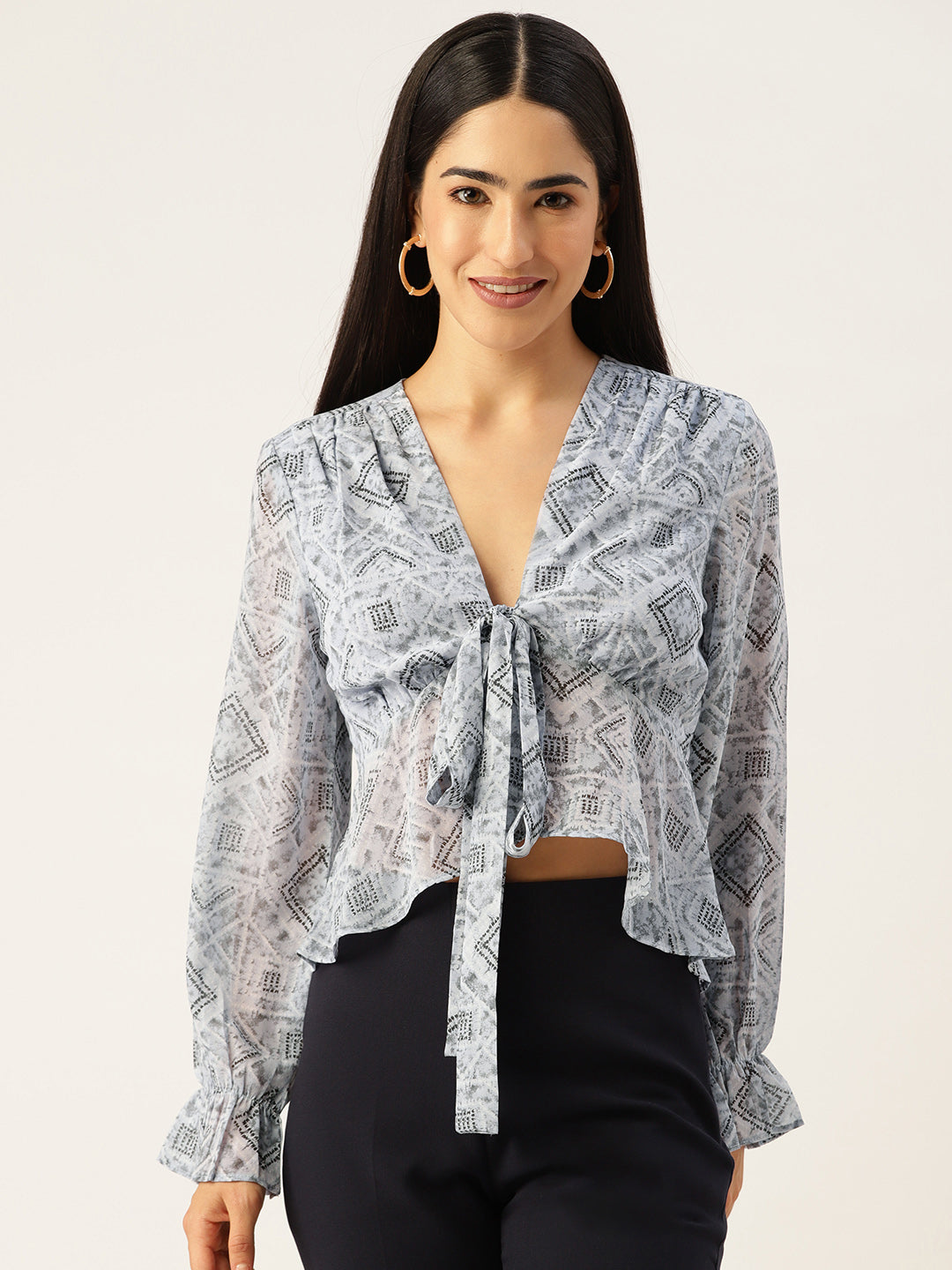 Blue Geometric Print Tie-Up Neck Georgette Top