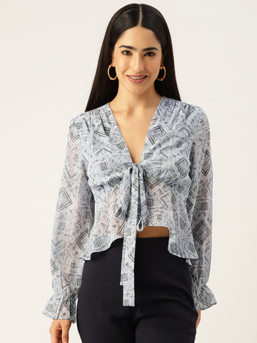 Blue Geometric Print Tie-Up Neck Georgette Top