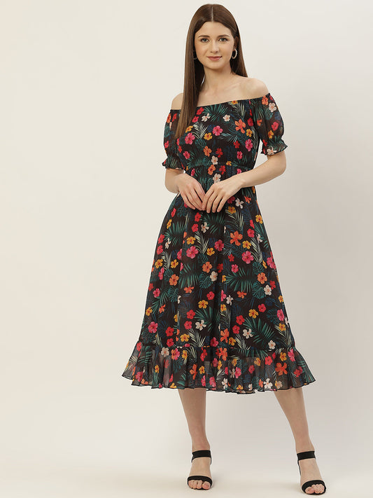 Women Multicoloured Floral Off-Shoulder Georgette A-Line Midi Dress