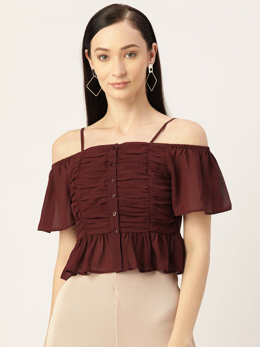 Maroon Ruched Georgette Bardot Top