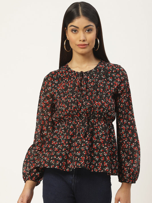 Multicloured Floral Print Tie-Up Neck Georgette Peplum Top