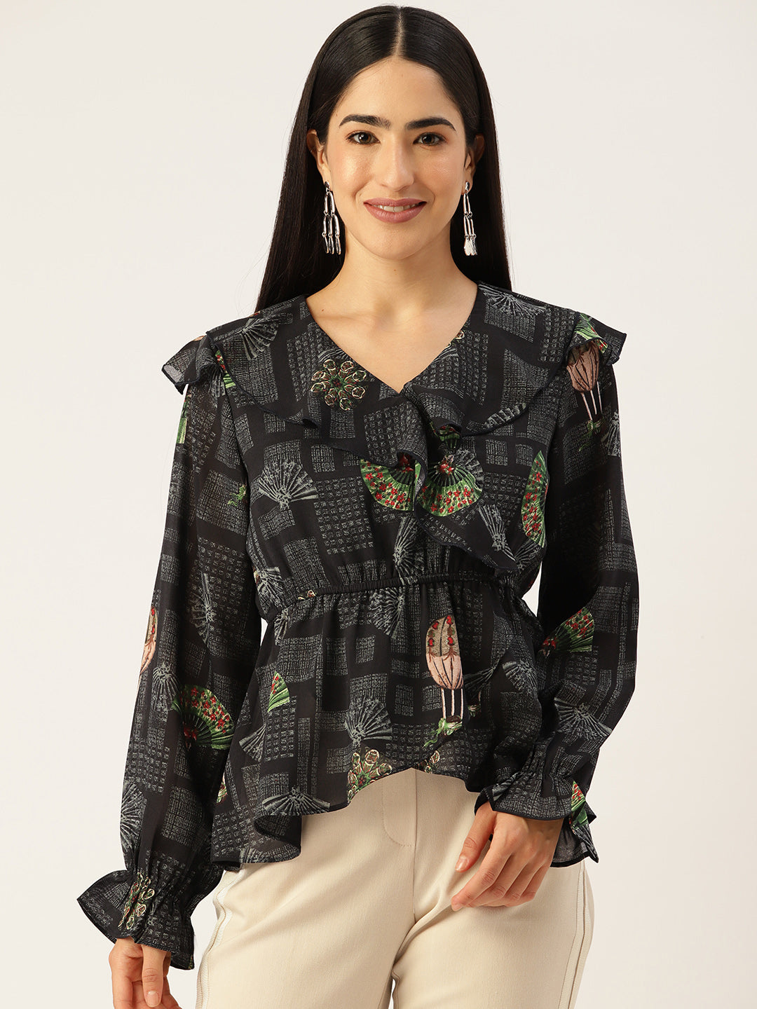 Print Bishop Sleeves Ruffles Georgette Wrap Top