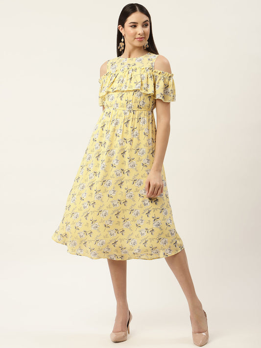 Yellow Floral Georgette Midi Dress