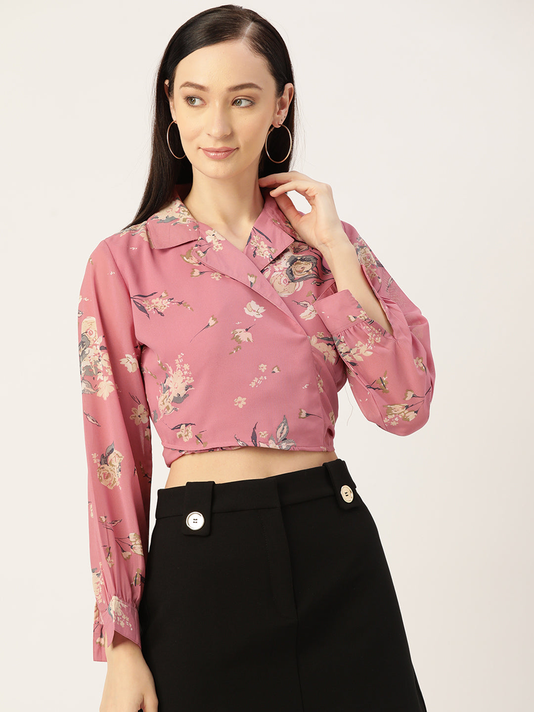 Pink Floral Print Georgette Wrap Crop Top