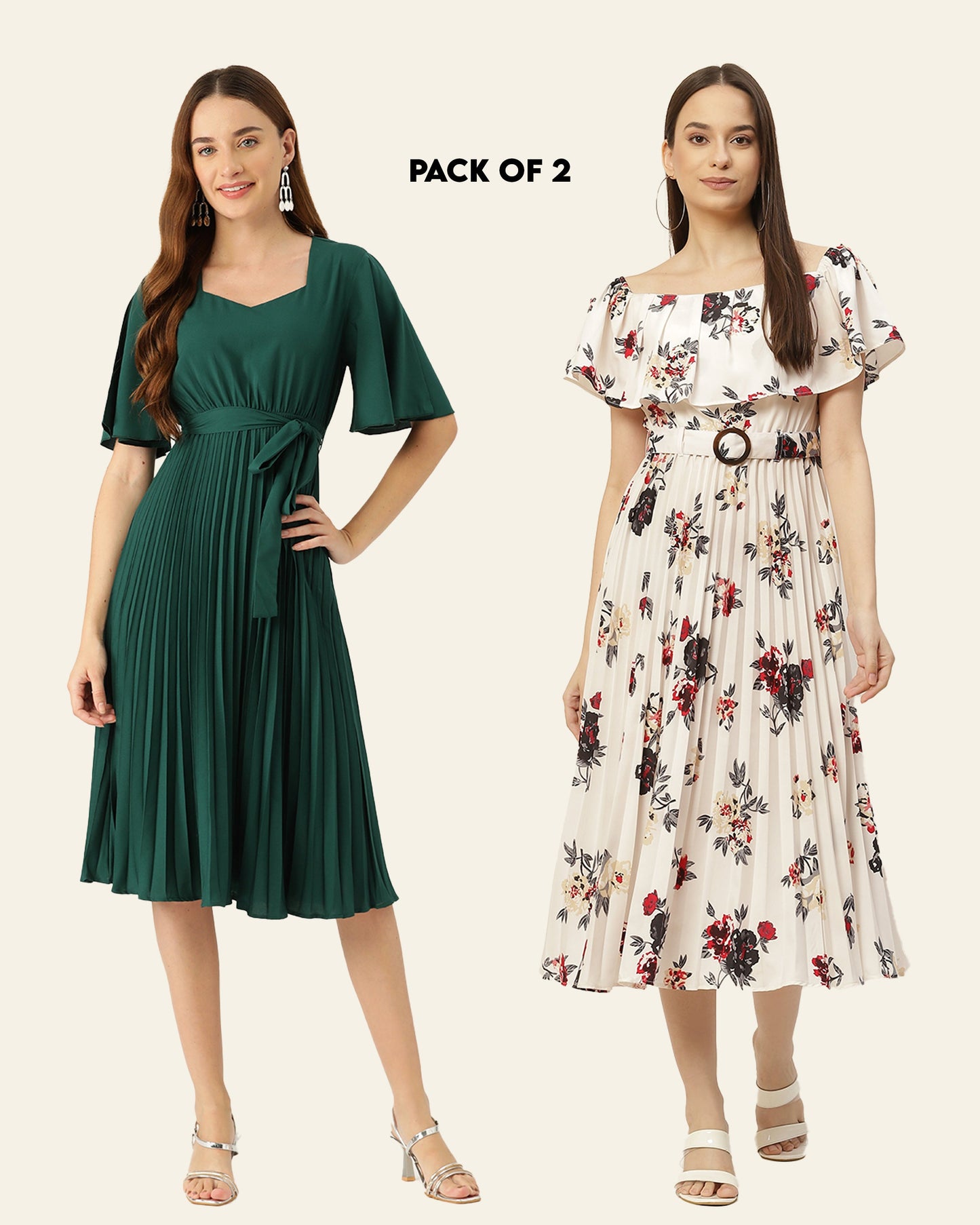 Multicoloured Floral Off-Shoulder & Teal Flared Sleeve Tie-Ups A-Line Midi Dress (Pack Of 2)