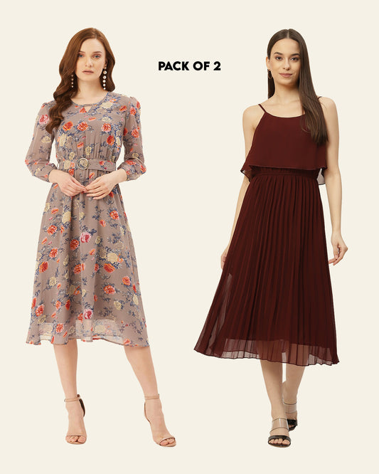 Women Taupe Floral & Brown Layered Georgette A-Line Midi Dress (Pack Of 2)