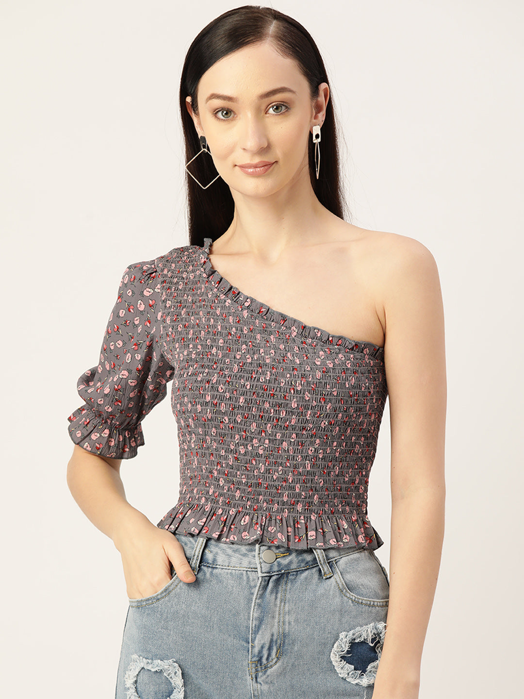 Grey Floral Print Smocked One Shoulder Crepe Top