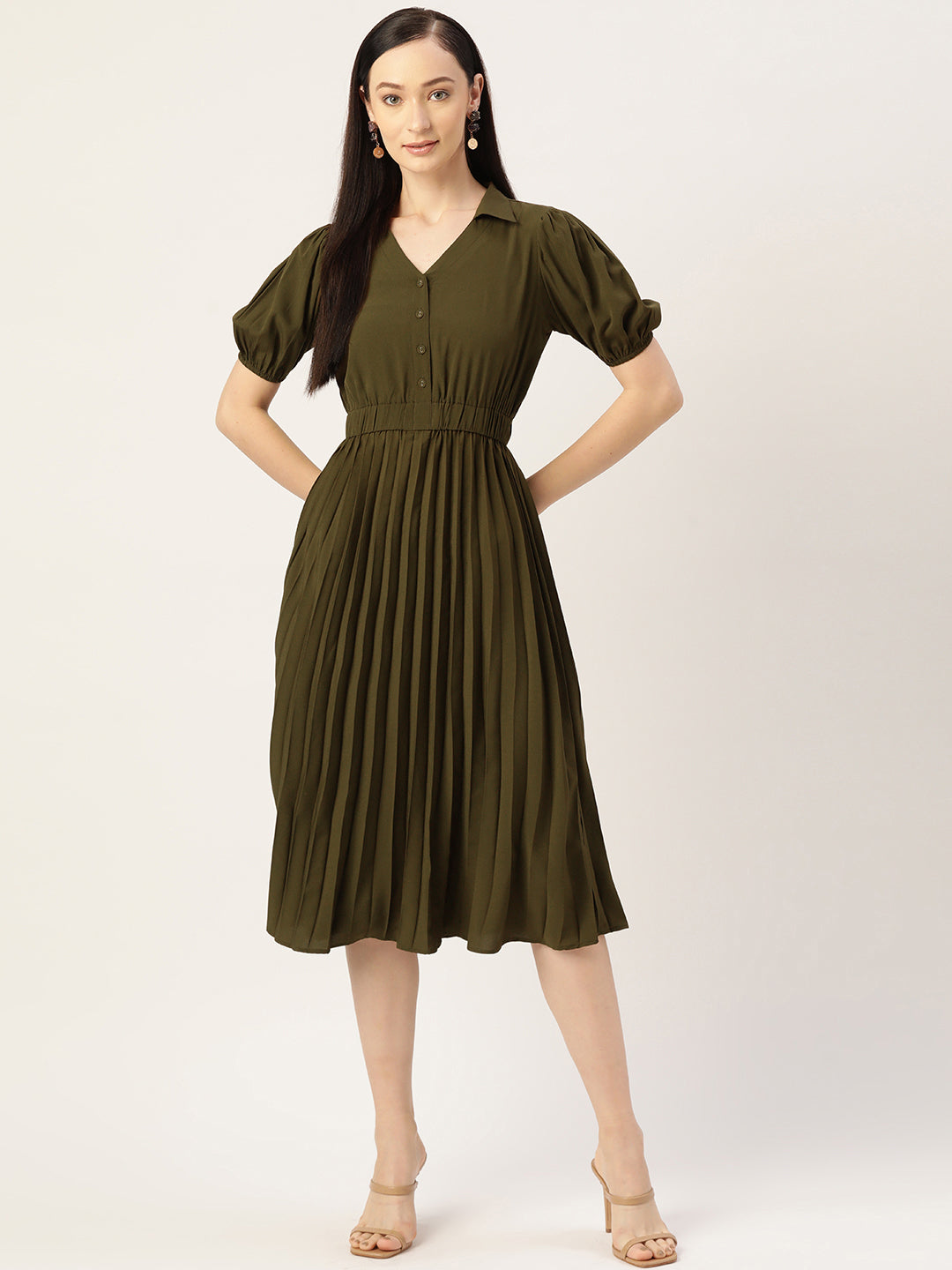 Women Olive Crepe Midi Dress.