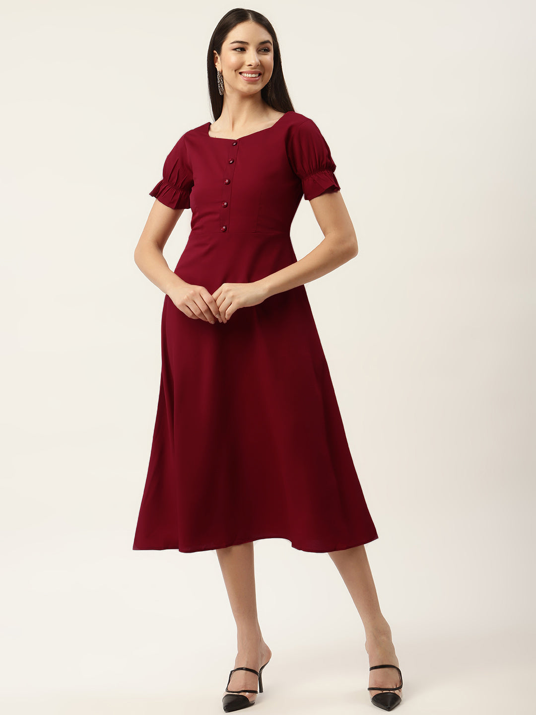 Maroon Crepe Midi Dress