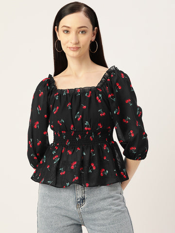 Black Conversational Print Georgette Peplum Top