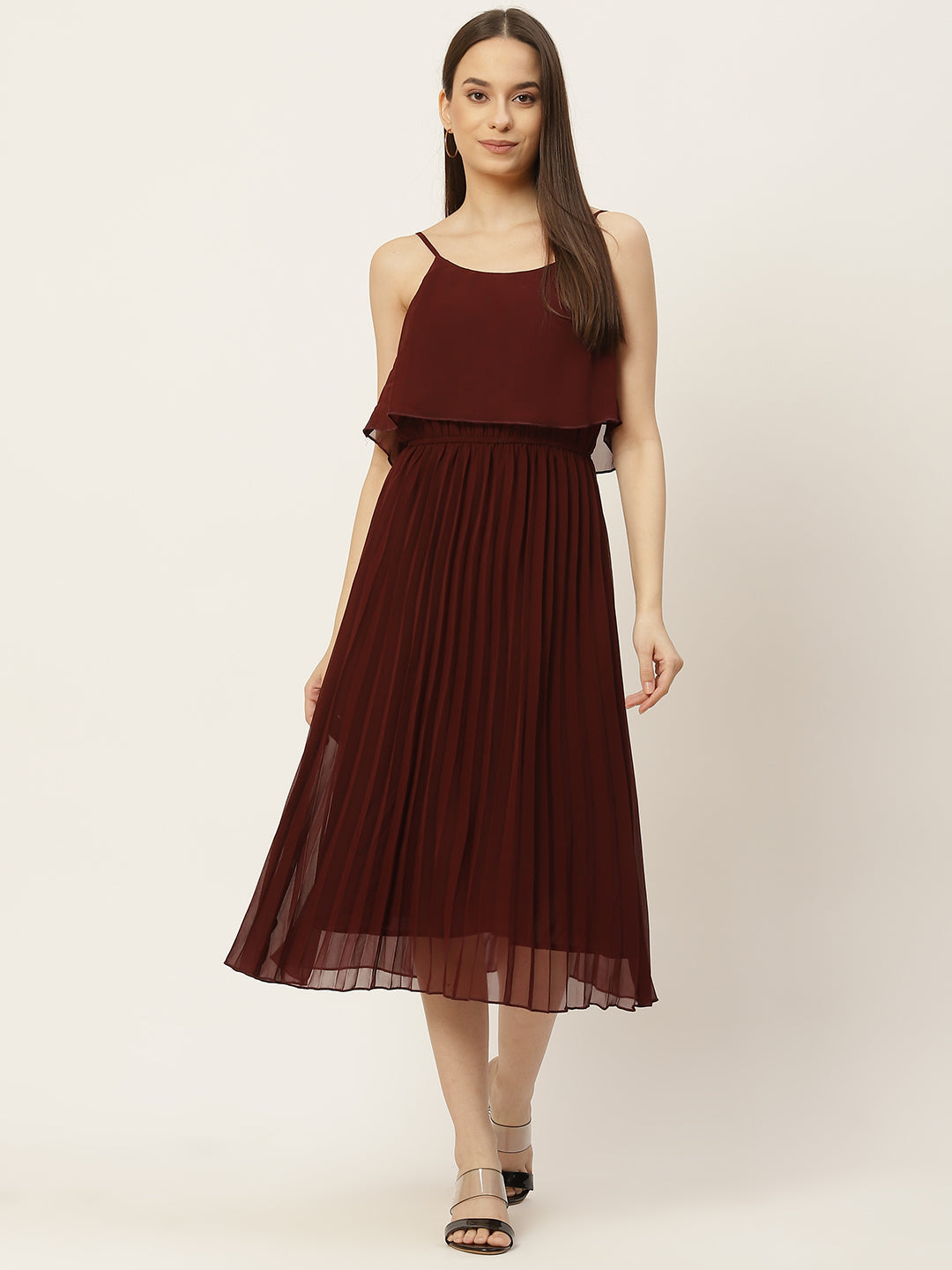 Women A-line Peach Pleated Dress