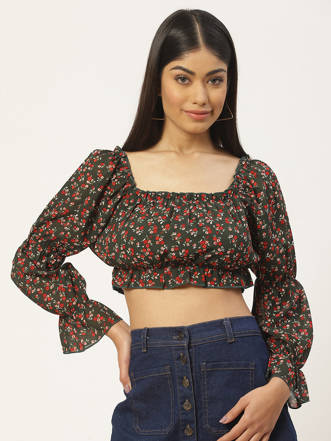 Floral Print Georgette Blouson Crop Top