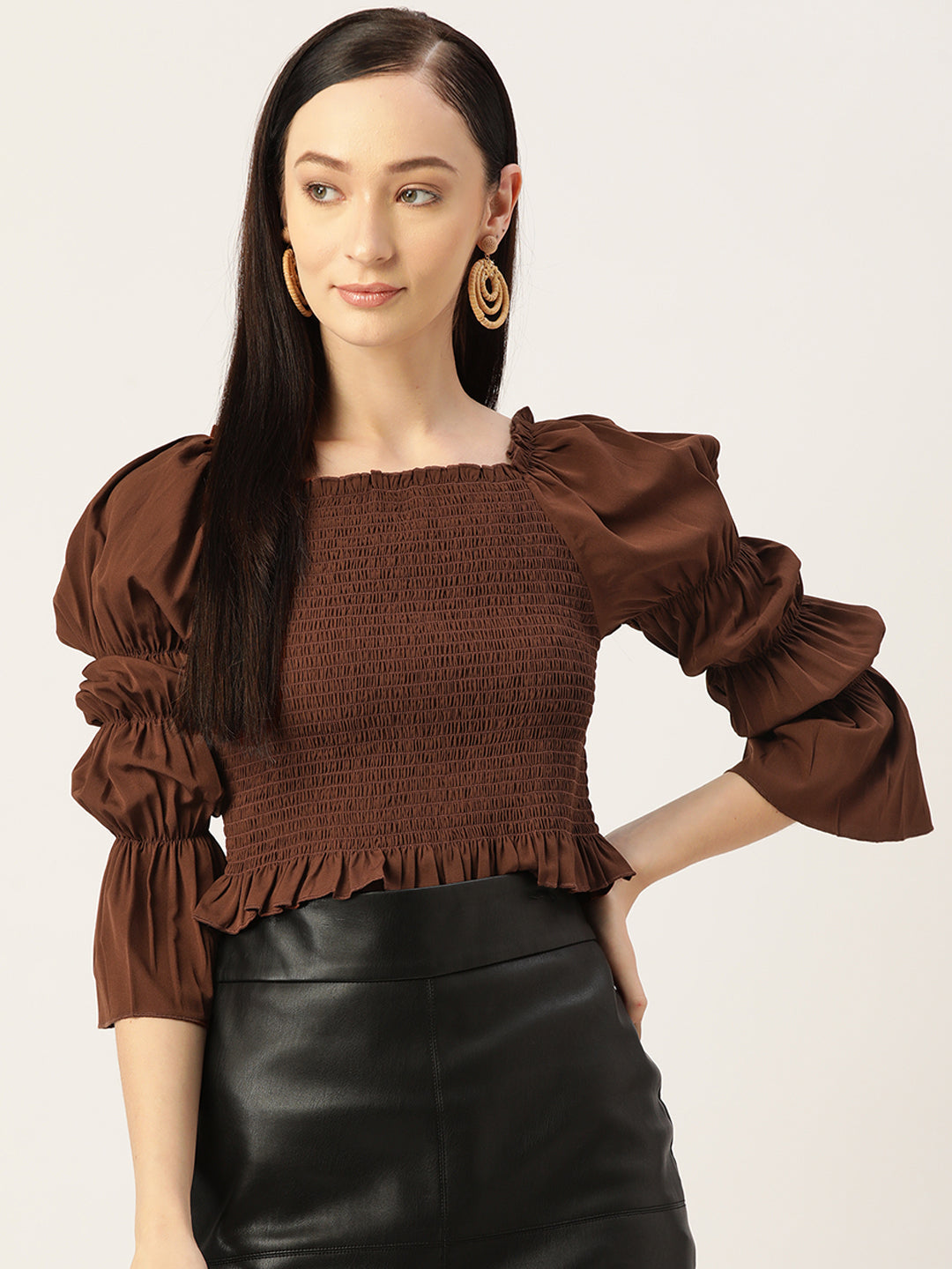 Smocked Brown Crepe Peplum Top