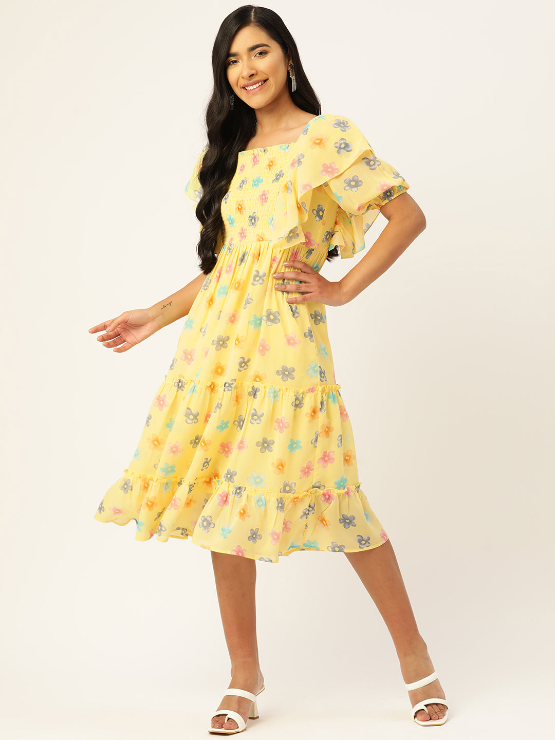 Floral Print Extended Sleeves Georgette Midi Dress