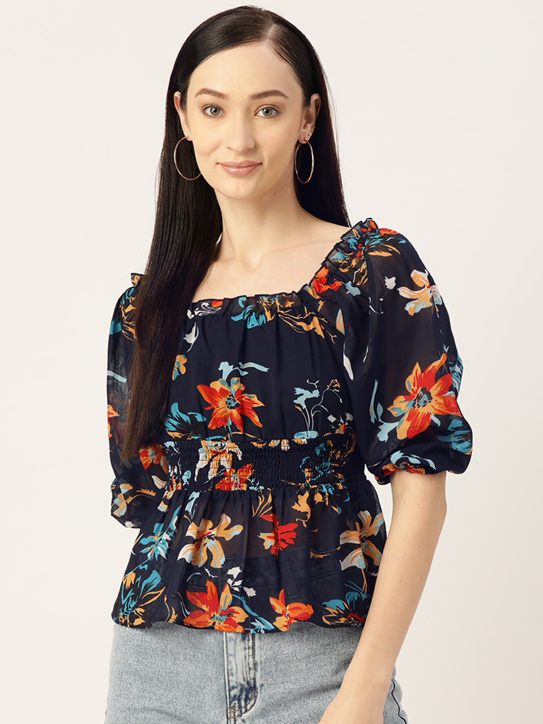 Navy Blue Floral Print Georgette Peplum Top