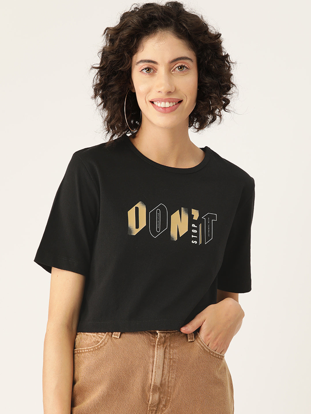 Slenor Women ' s Black Typography Front & Back Printed Crop T-shirt