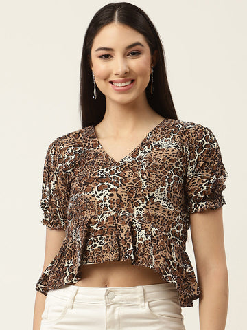 Brown & Black Animal Print Ruffles Crepe Crop Top