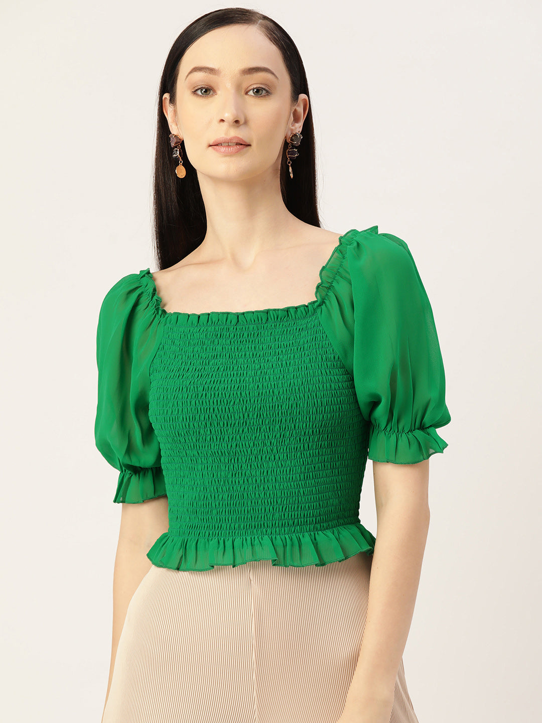 Green Smocked Georgette Crop Top