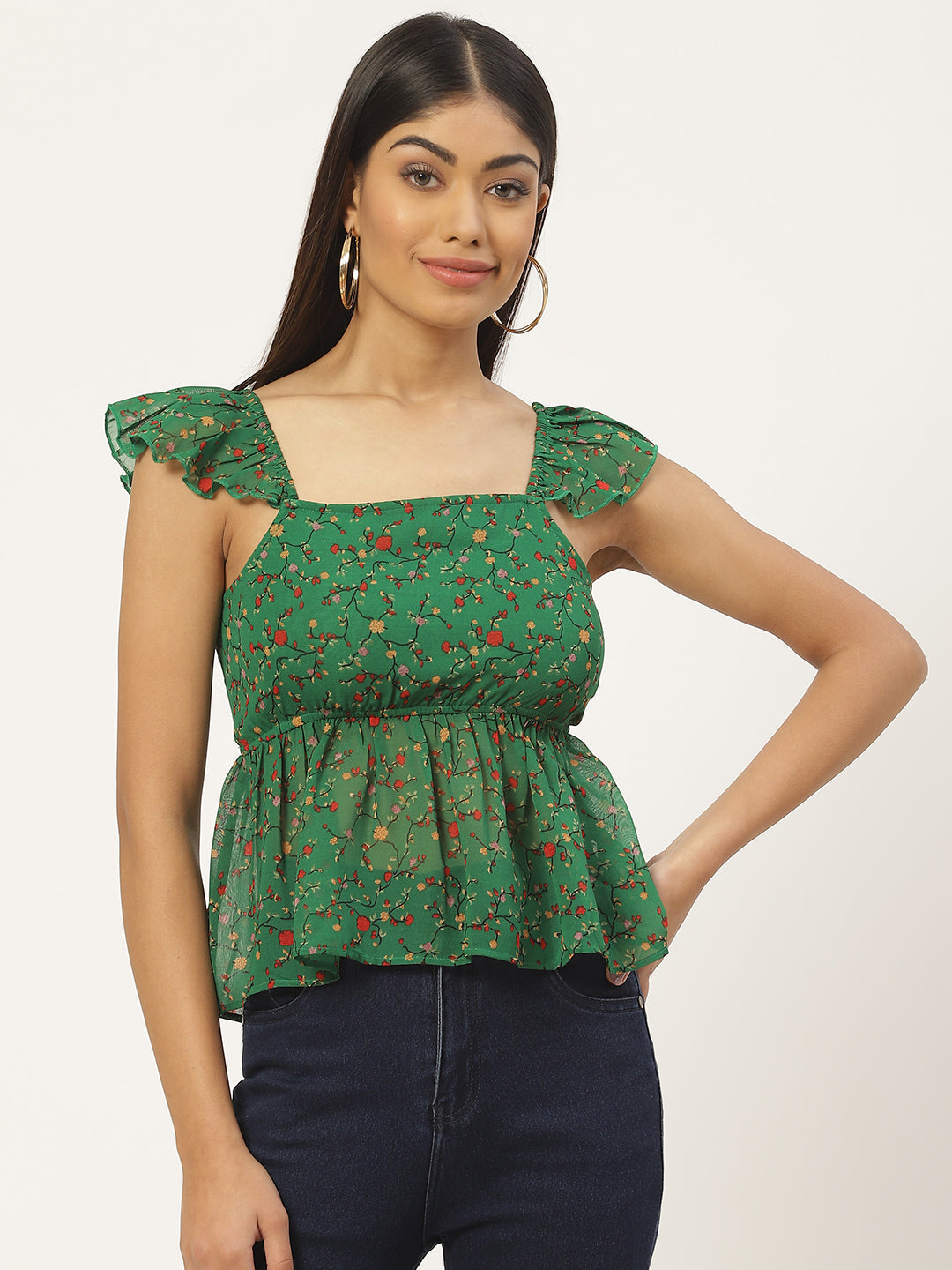 Green Floral Print Georgette Peplum Top