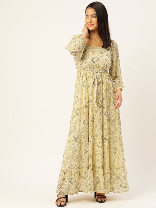 Geometric Printed Puff Sleeves Georgette A-Line Maxi Dress