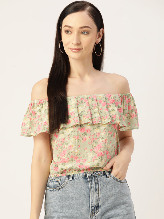 Multicoloured Floral Print Off-Shoulder Ruffles Bardot Top