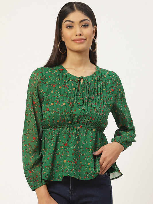 Green Floral Print Tie-Up Neck Georgette Peplum Top