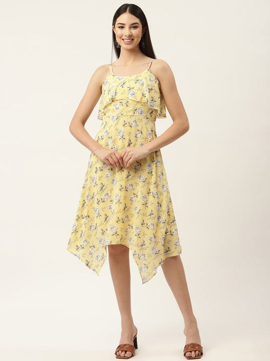 Yellow Floral Layered Georgette Midi Dress