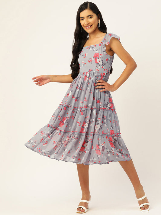 Floral Print Flutter Sleeves Georgette Midi Dress