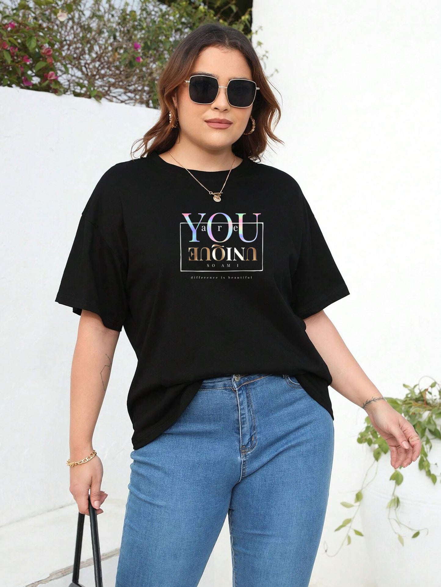 Women's Black UNIQUE Printed Cotton Drop Shoulder Long T-Shirt