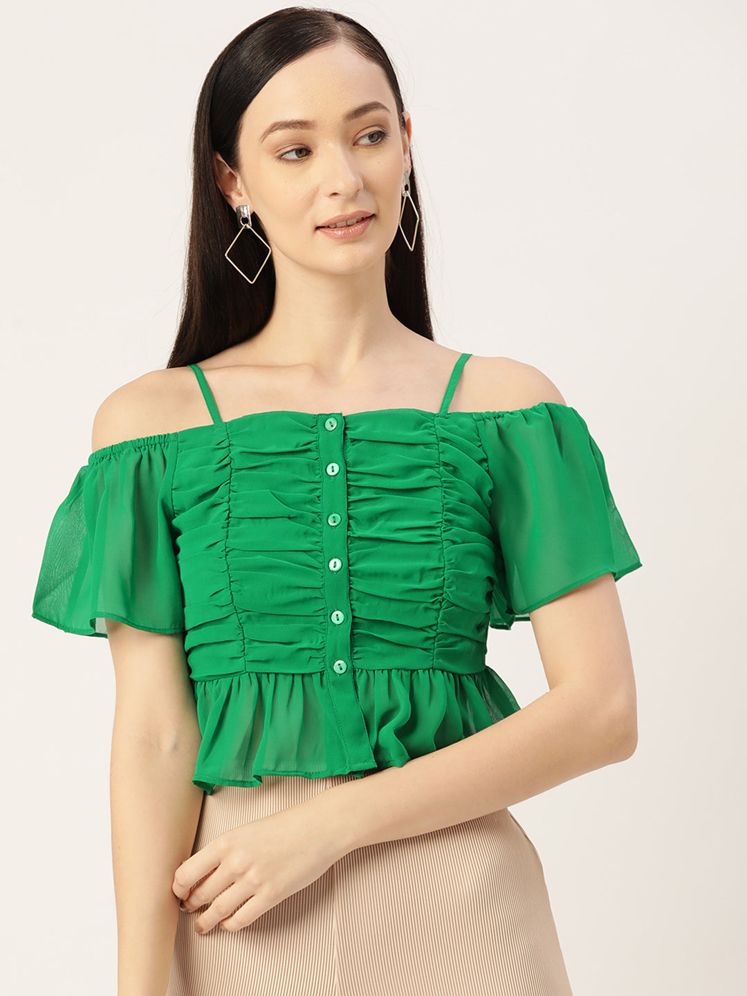 Green Ruched Georgette Bardot Top