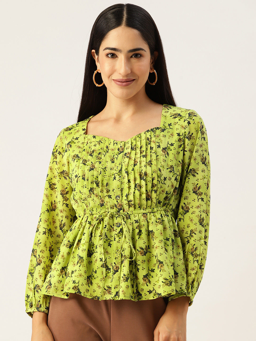 Floral Print Sweetheart Neck Georgette Peplum Top