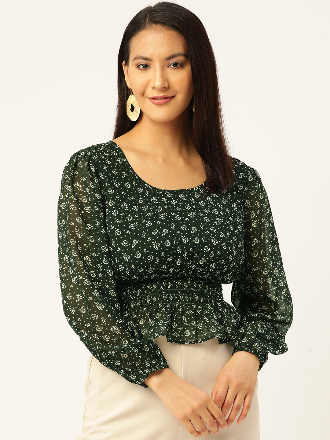 Floral Print Puff Sleeves Georgette Peplum Top