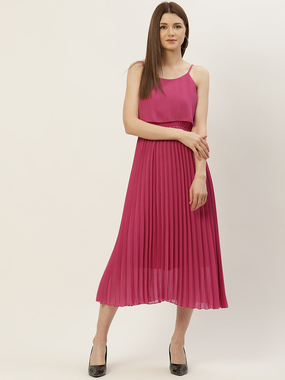 Women A-line Pink Pleated Dress