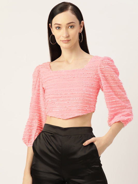 Pink Textured Georgette Crop Top