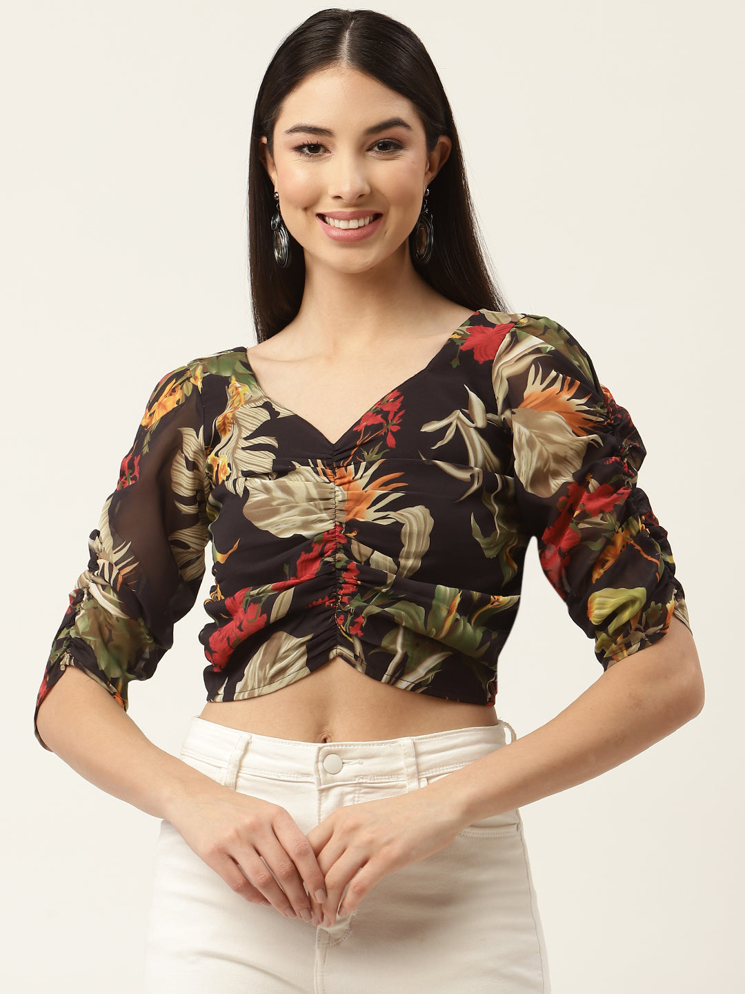 Black & Olive Green Floral Print Georgette Crop Top