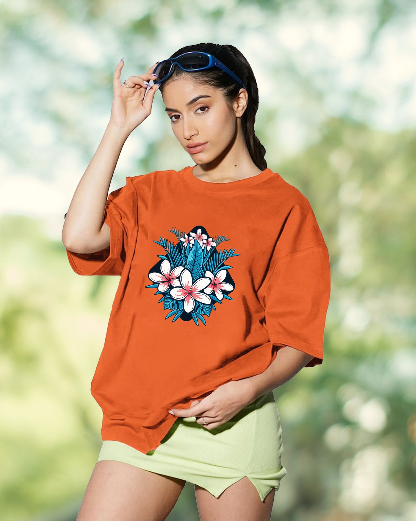 Women's Orange Graphic Printed Cotton Drop Shoulder Long T-Shirt