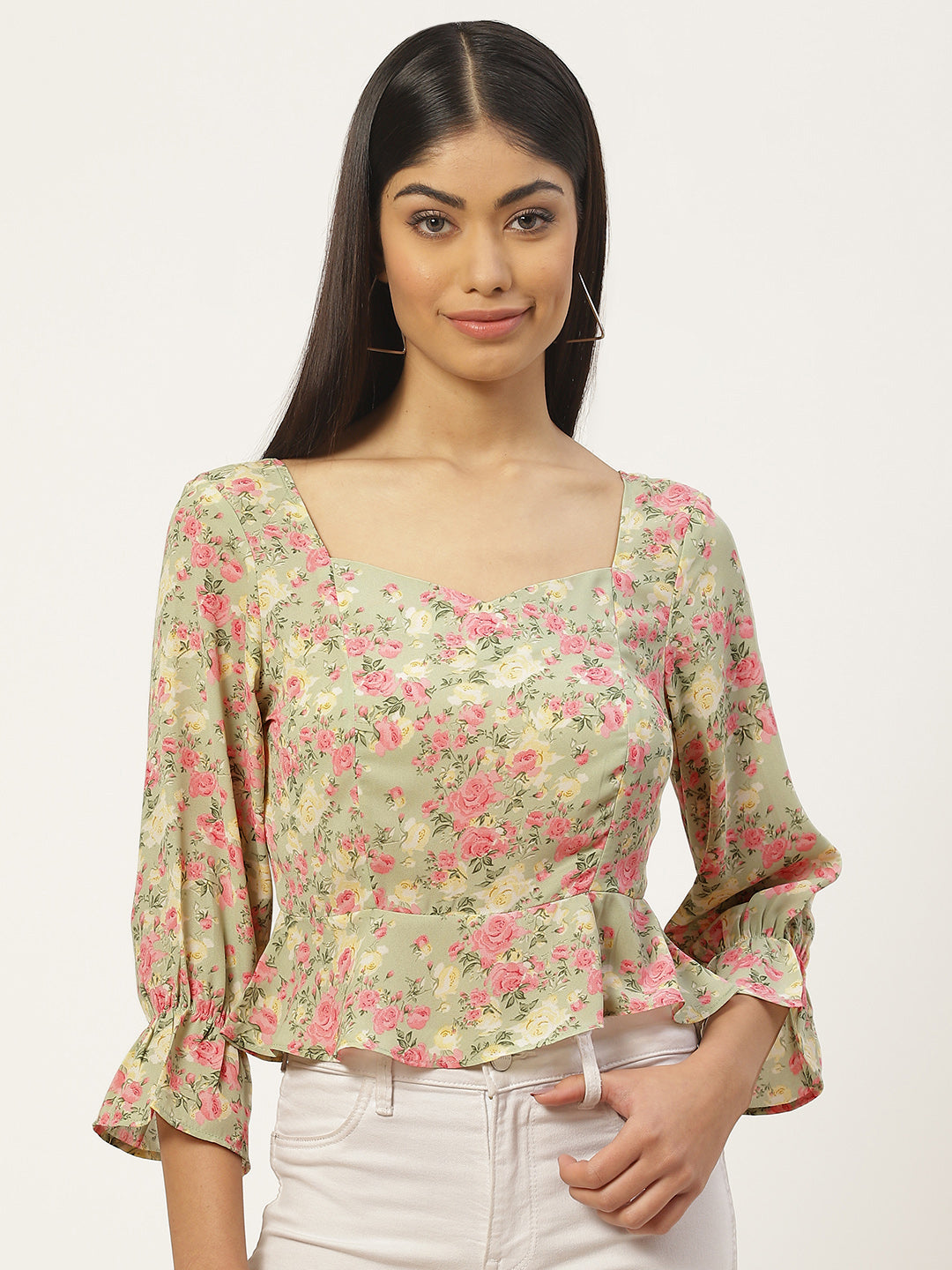 Floral Print Sweetheart Neck Smocked Georgette Peplum Top