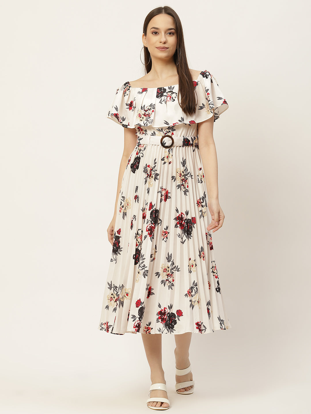 White & Multicoloured Floral Off-Shoulder Layered Crepe A-Line Midi Dress