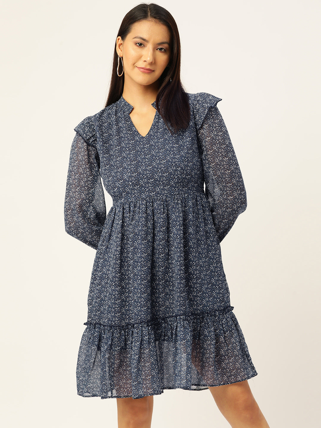 Floral Print Georgette Extended Sleeves Tiered A-Line Dress