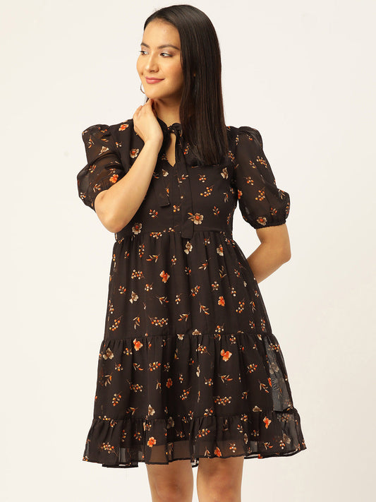 Floral Print Puff Sleeves Tie-Up Neck Georgette A-Line Dress