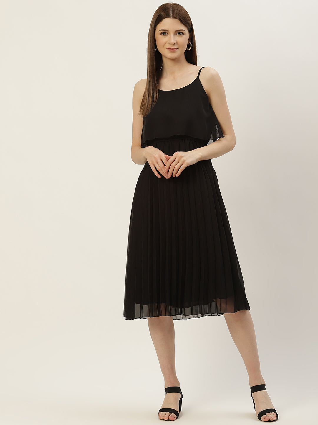 Women A-line Brown Pleated Dress