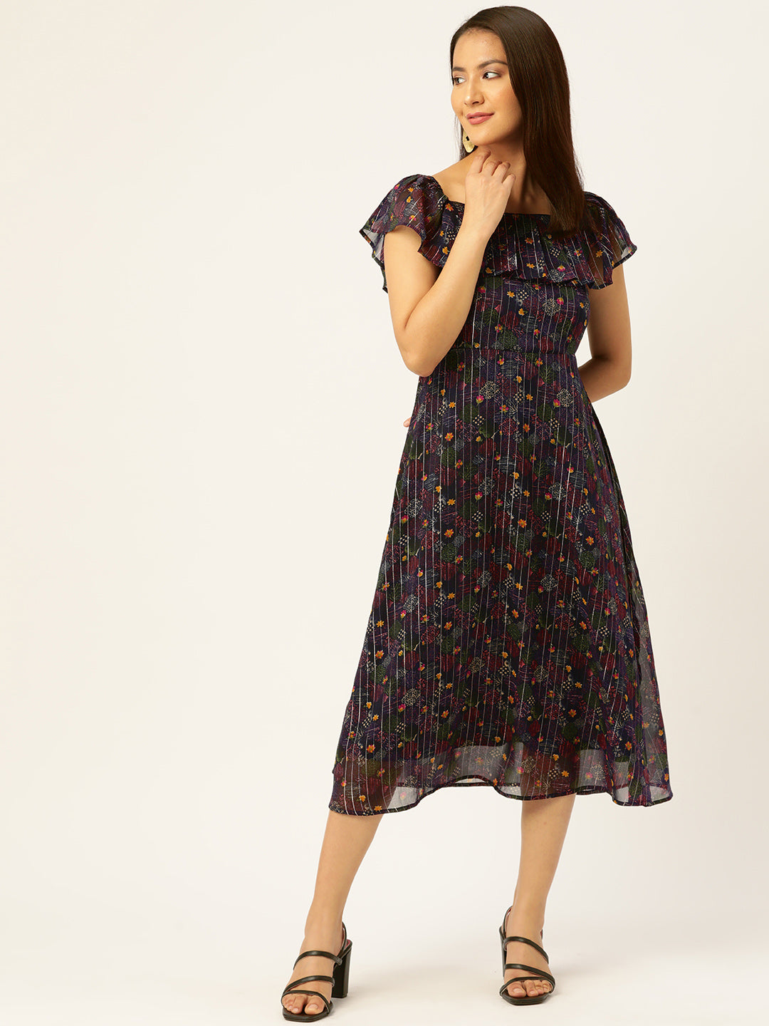 Floral Print Flared Sleeves Georgette Midi Dress