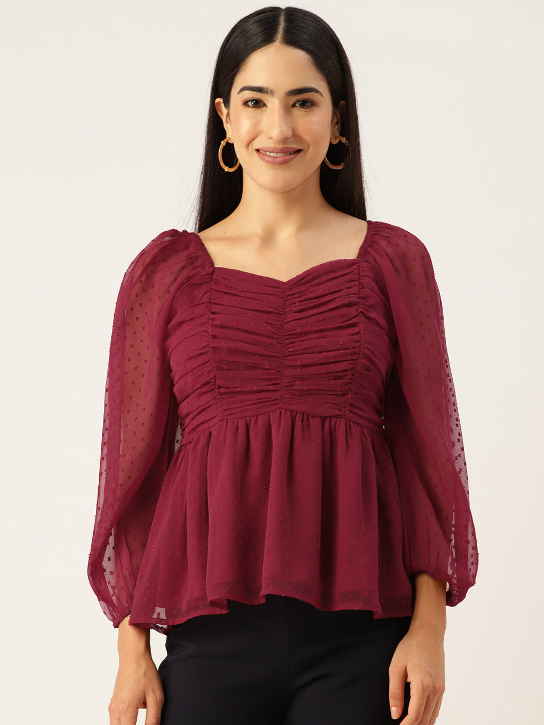 Red Sweetheart Neck Georgette Peplum Top