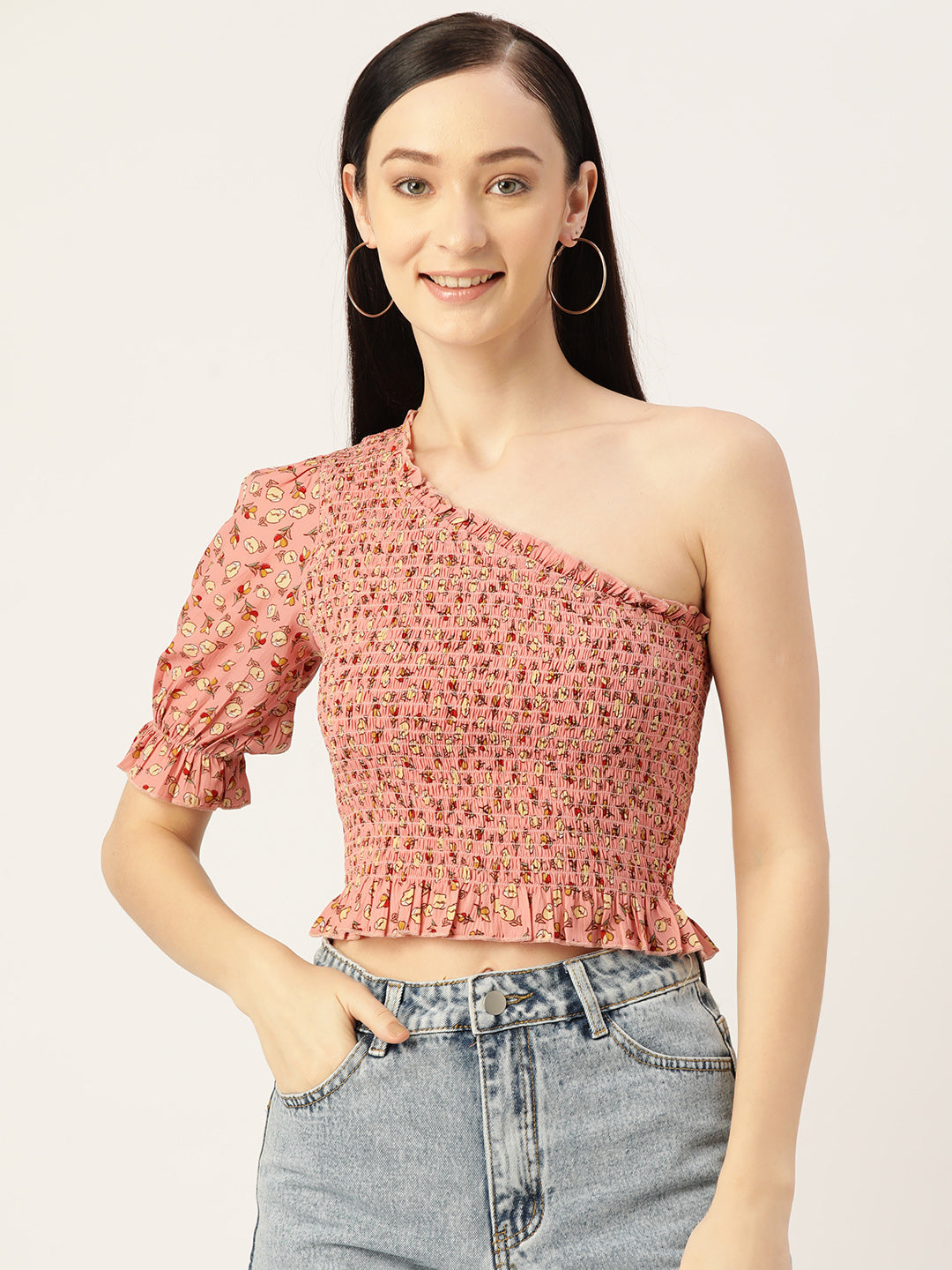 Peach Floral Print Smocked One Shoulder Crepe Top