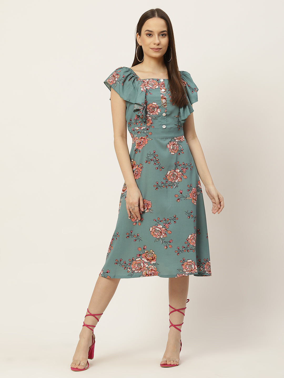 Multicoloured Floral Printed Midi Dress