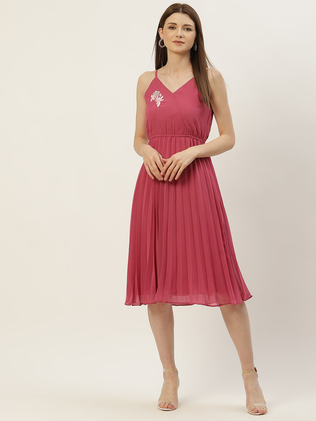 Women Pink Georgette A-Line Midi Dress