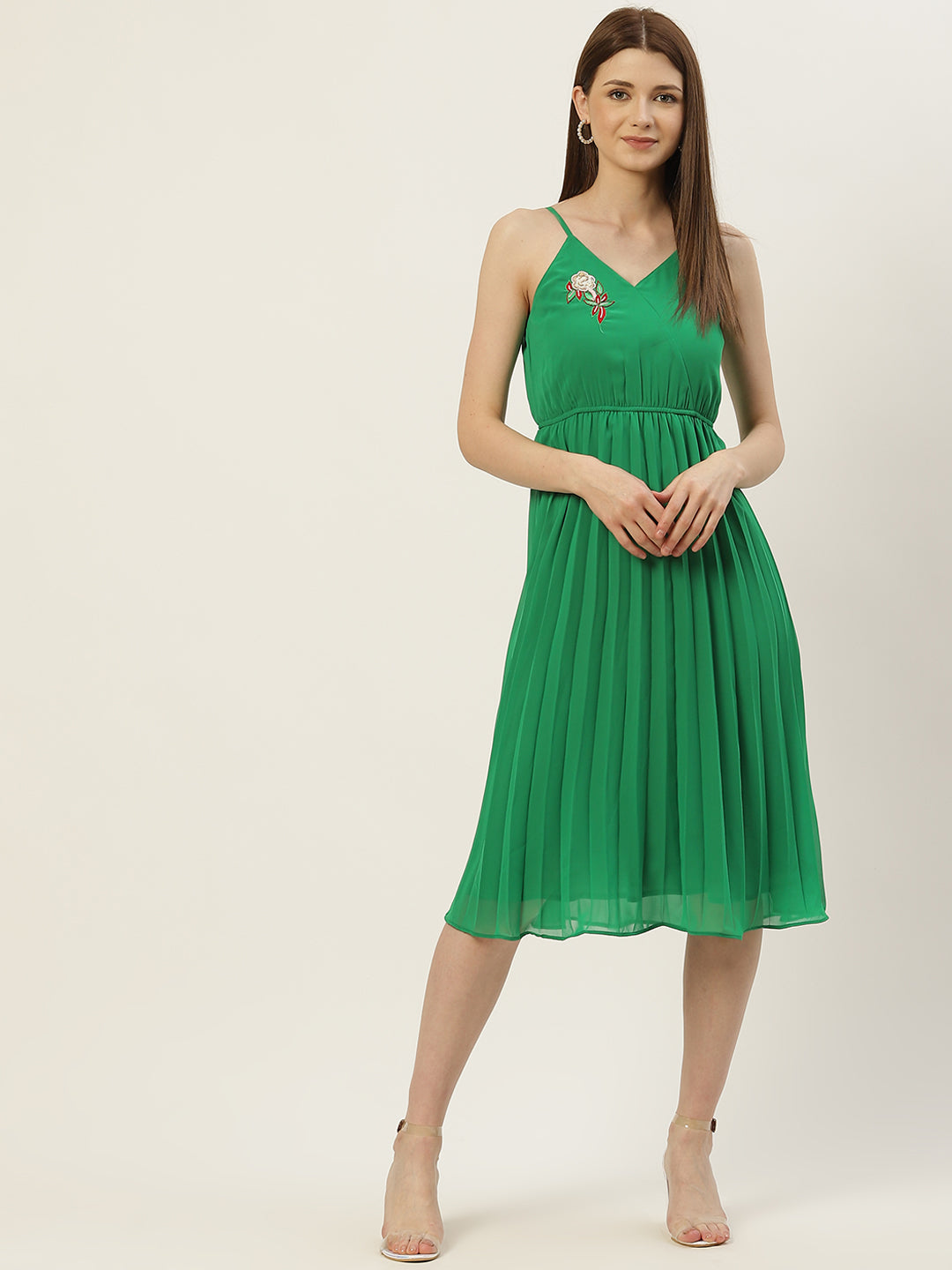 Women Green Embroidered A-Line Midi Dress