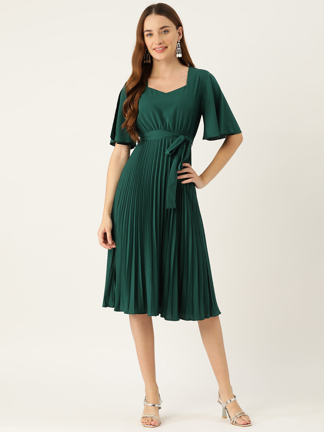 Slenor Flared Sleeve Tie-Ups Crepe A-Line Dress