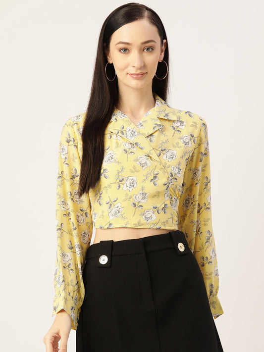 Yellow Floral Print Georgette Wrap Crop Top